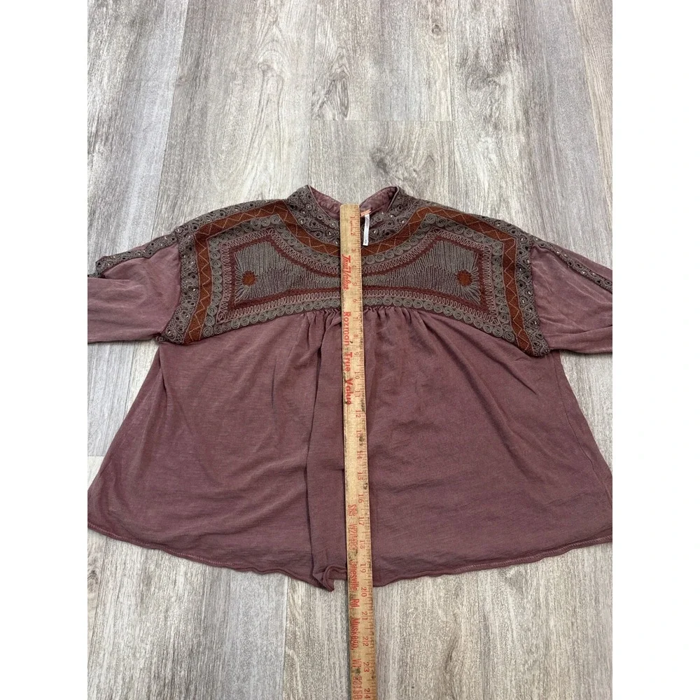 Free People Embroidered Long Sleeve Babydoll Top Plum Mauve Cotton Size Medium